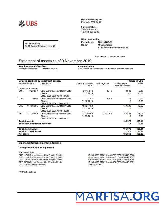 Printable Switzerland UBS bank statement word version 2 download for verification